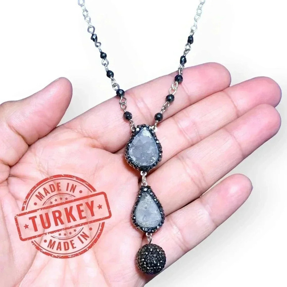 🆕️Turkish Handcrafted 925 Silver Druzy Chalcedony Necklace Elegant Gemstones - Picture 1 of 12